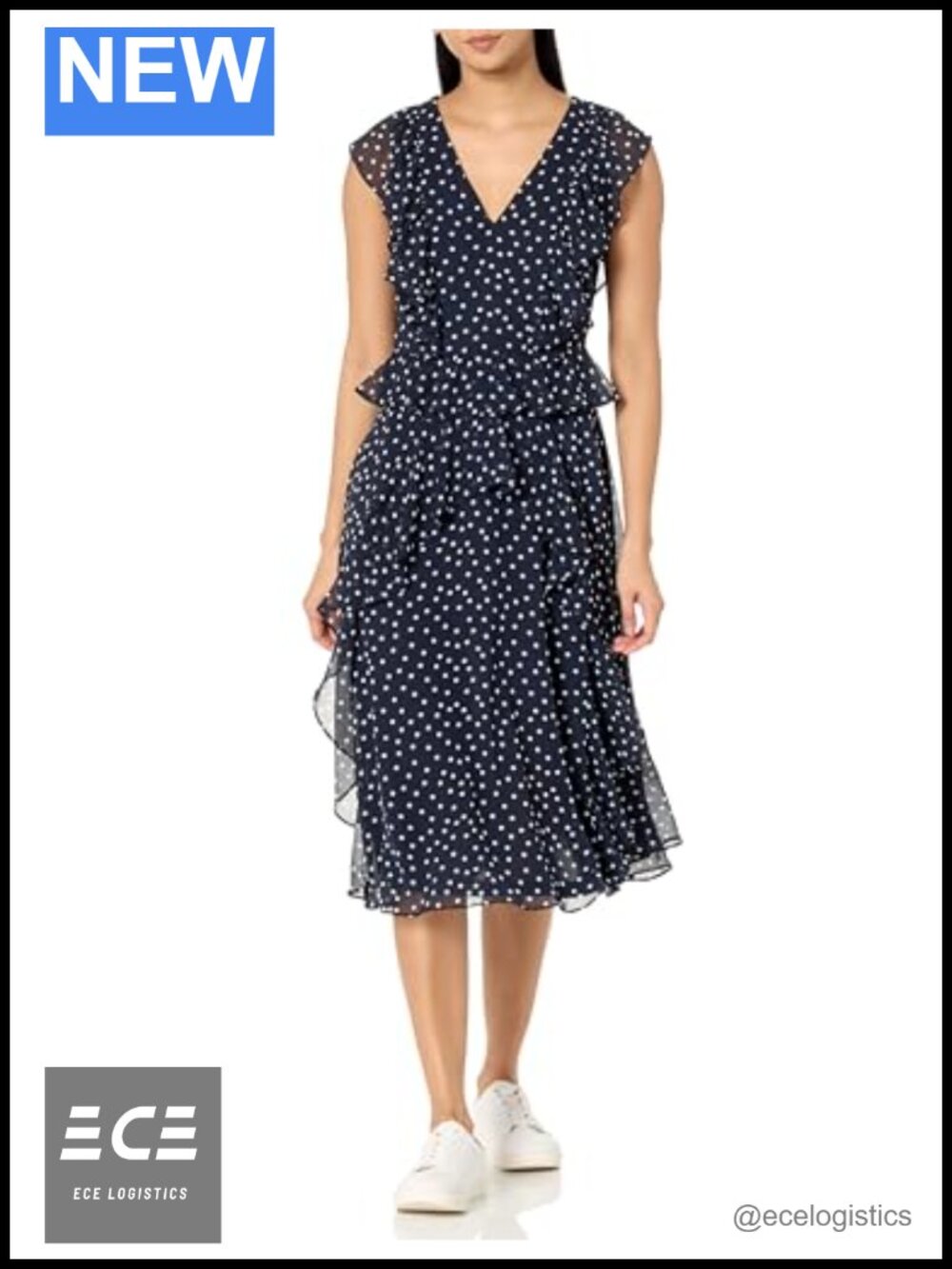 Tommy Hilfiger Chiffon Ruffle Short Sleeve Midi Dress V-Neck A-Line